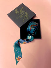 Load image into Gallery viewer, Teal Silk satin 'Morpho' Ultra Skinny silk scarf with butterflies and flowers