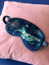 Load image into Gallery viewer, Navy Silk eye masks for sleep or meditation in beautiful &#39;wonderous print&#39; hand painted designs