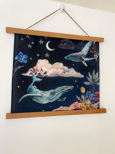 The new 'Wonderous' print, scenic hand painted silk wall-hanging
