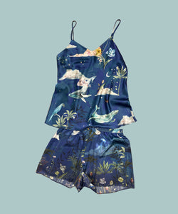 Blue silk pyjama set in 'Wonderous'  night sky Print, luxury lounge wear