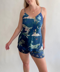 Blue silk pyjama set in 'Wonderous'  night sky Print, luxury lounge wear