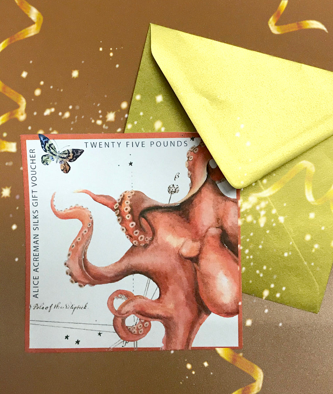 Alice Acreman silks gift voucher to the value of 25, 50 and 100 pounds with illustration