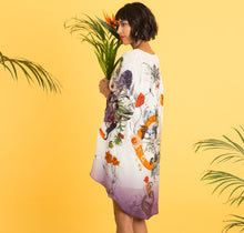 Load image into Gallery viewer, Cream &#39;Evolution&#39; Silk Kimono Jacket size S/M with unique botanical illustrations- luxury lounging or evening wear