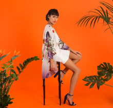 Load image into Gallery viewer, Cream &#39;Evolution&#39; Silk Kimono Jacket with unique botanical illustrations- luxury lounging or evening wear