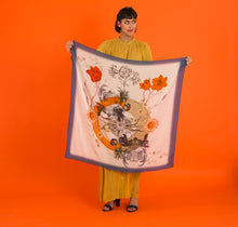 Load image into Gallery viewer, Blue &#39;Crustacean Silk&#39; Silk Scarf, large square Silk Scarf with crab and tulip design from the Evolution Collection