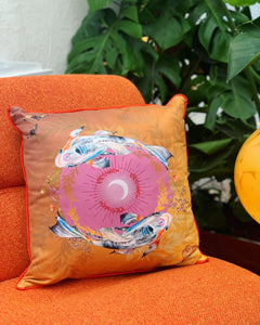 Koi watercolour art Cushion 'Golden pool' double sided design with fish illustration, made from Vegan friendly Suede