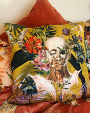 Load image into Gallery viewer, Large Yellow Cushion with striking Watercolour skull design &#39;Boto Cushion&#39; in Vegan friendly Suede 60x60cm