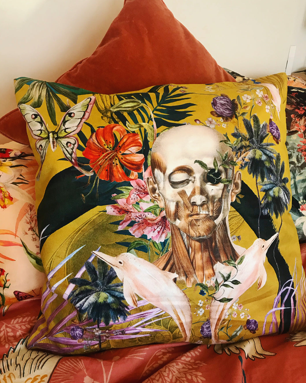 Large Yellow Cushion with striking Watercolour skull design 'Boto Cushion' in Vegan friendly Suede 60x60cm