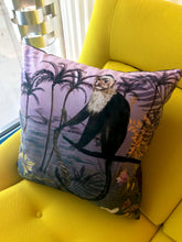 Load image into Gallery viewer, Lilac Vegan Suede Cushion with Capuchin monkey illustration