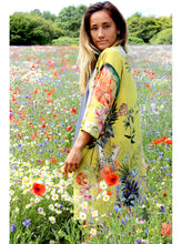 Load image into Gallery viewer, Luxury Lounge Silk Kimono Jacket in size S/M, handmade with unique botanical illustrations &#39;Enticement&#39; print