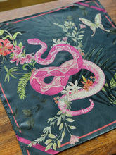 Load image into Gallery viewer, Dark blue Luxury Silk Pocket Square &#39;Enticement&#39; print with pink snake