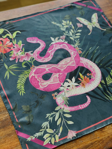 Dark blue Luxury Silk Pocket Square 'Enticement' print with pink snake