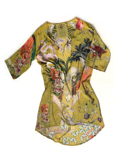 Luxury Lounge Silk Kimono Jacket in size S/M, handmade with unique botanical illustrations 'Enticement' print