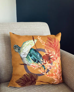 Golden Yellow cushion 'Glide' Vegan friendly Suede cushion with watercolour turtle design