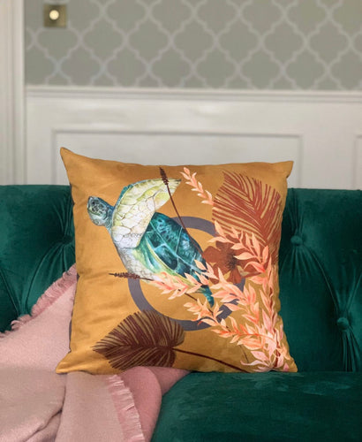 Golden Yellow cushion 'Glide' Vegan friendly Suede cushion with watercolour turtle design