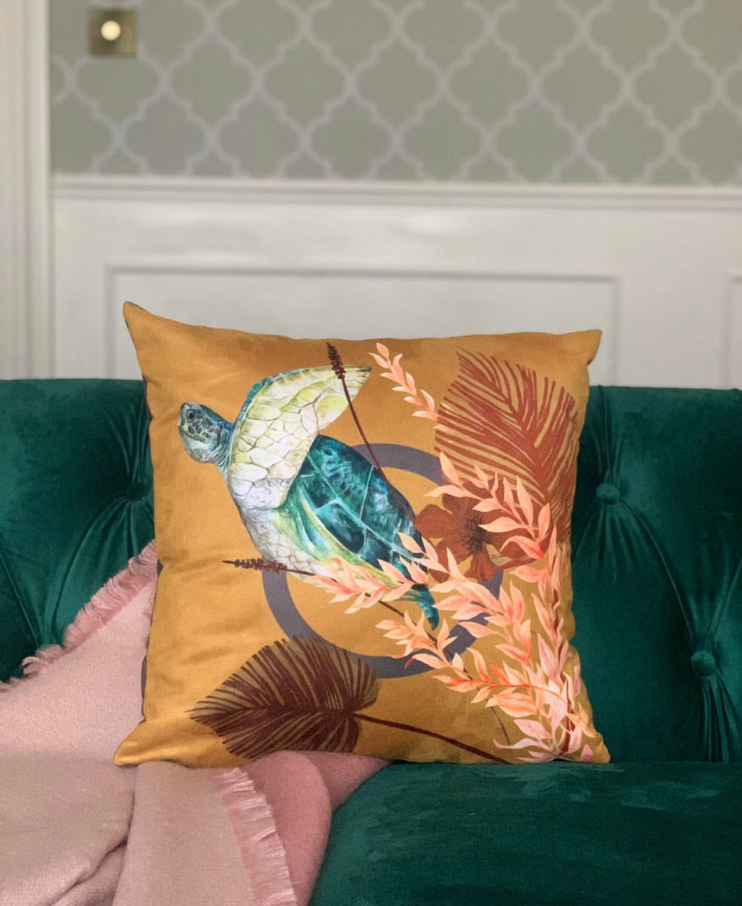 Golden Yellow cushion 'Glide' Vegan friendly Suede cushion with watercolour turtle design