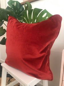 Large Square Velvet Paprika red Cushion with piped trim and feather filler