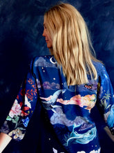 Load image into Gallery viewer, Silk Kimono Jacket in Chatruese yellow &#39;Enticement&#39; print- size S/M handmade and unique artwork- luxury lounging or evening wear