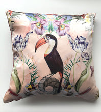 Load image into Gallery viewer, Pink Silk Satin and Velvet Silk Cushion &#39;Joy&#39; square cushion with tropical print