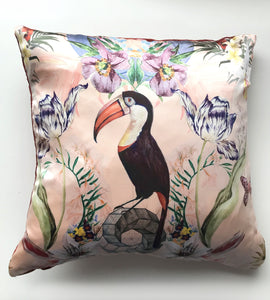 Pink Silk Satin and Velvet Silk Cushion 'Joy' square cushion with tropical print