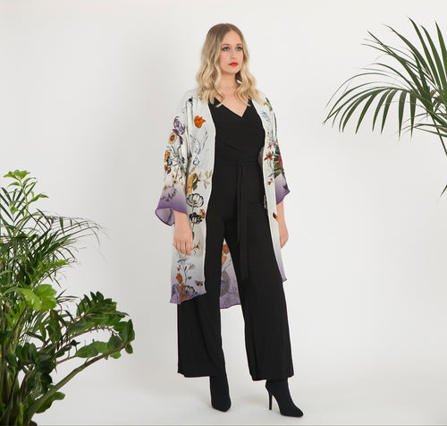Cream 'Evolution' Silk Kimono Jacket size L/XL with unique botanical illustrations- luxury lounging or evening wear