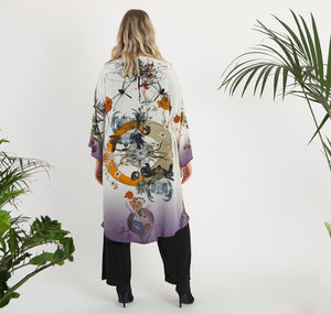 Cream 'Evolution' Silk Kimono Jacket size L/XL with unique botanical illustrations- luxury lounging or evening wear