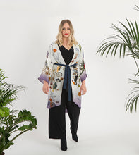 Load image into Gallery viewer, Cream &#39;Evolution&#39; Silk Kimono Jacket size L/XL with unique botanical illustrations- luxury lounging or evening wear