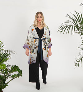 Cream 'Evolution' Silk Kimono Jacket size L/XL with unique botanical illustrations- luxury lounging or evening wear