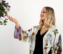 Load image into Gallery viewer, Cream &#39;Evolution&#39; Silk Kimono Jacket size L/XL with unique botanical illustrations- luxury lounging or evening wear