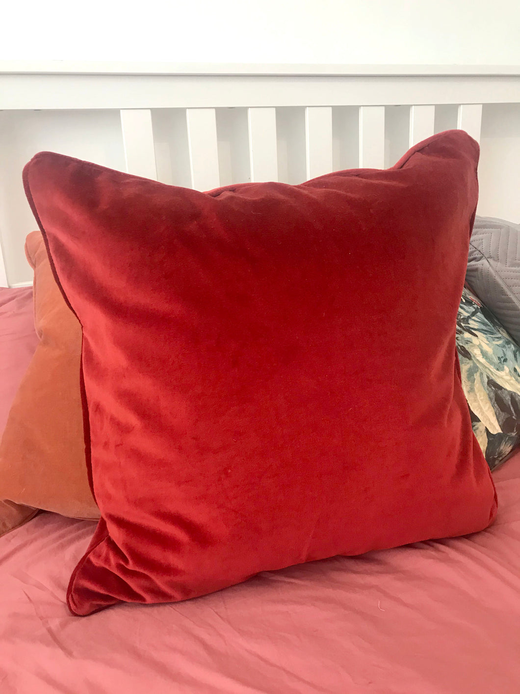 Large Square Velvet Paprika red Cushion with piped trim and feather filler