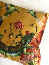Load image into Gallery viewer, Yellow floral Cushion &#39;Reptila&#39; with birds and lizard design, square cushion made from Vegan Suede