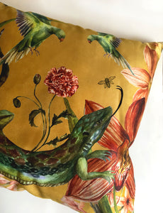 Yellow floral Cushion 'Reptila' with birds and lizard design, square cushion made from Vegan Suede