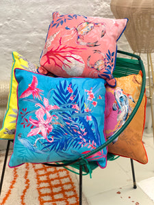 Koi watercolour art Cushion 'Golden pool' double sided design with fish illustration, made from Vegan friendly Suede