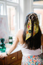 Load image into Gallery viewer, Golden Yellow &#39;Skinny&#39; Silk scarf in the botanical  &#39;Enticement&#39; Print, delicate, lightweight scarf accessory