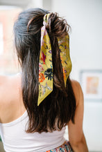 Load image into Gallery viewer, Golden Yellow &#39;Skinny&#39; Silk scarf in the botanical  &#39;Enticement&#39; Print, delicate, lightweight scarf accessory