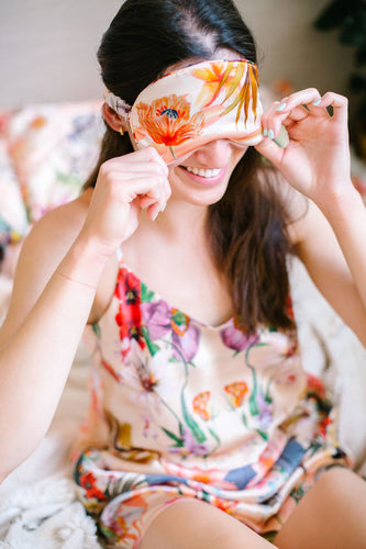 Luxury Silk Satin eye mask with botanical designs, from the Mysa selfcare collection