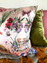 Load image into Gallery viewer, Silk Satin and Velvet Silk Cushion &#39;Balmy&#39; large square cushion with design tropical print