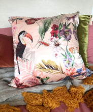 Load image into Gallery viewer, Silk Satin and Velvet Silk Cushion &#39;Balmy&#39; large square cushion with design tropical print