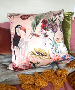 Silk Satin and Velvet Silk Cushion 'Balmy' large square cushion with design tropical print