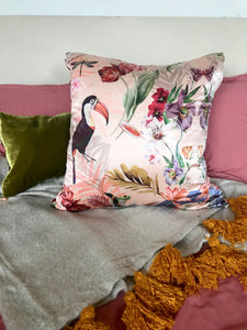 Silk Satin and Velvet Silk Cushion 'Balmy' large square cushion with design tropical print