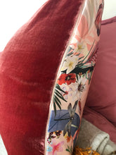 Load image into Gallery viewer, Silk Satin and Velvet Silk Cushion &#39;Balmy&#39; large square cushion with design tropical print