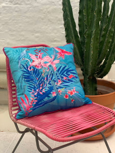 Terquoise tropical watercolour art Cushion 'Jungala' double sided design, made from Vegan friendly Suede