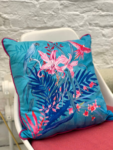Terquoise tropical watercolour art Cushion 'Jungala' double sided design, made from Vegan friendly Suede