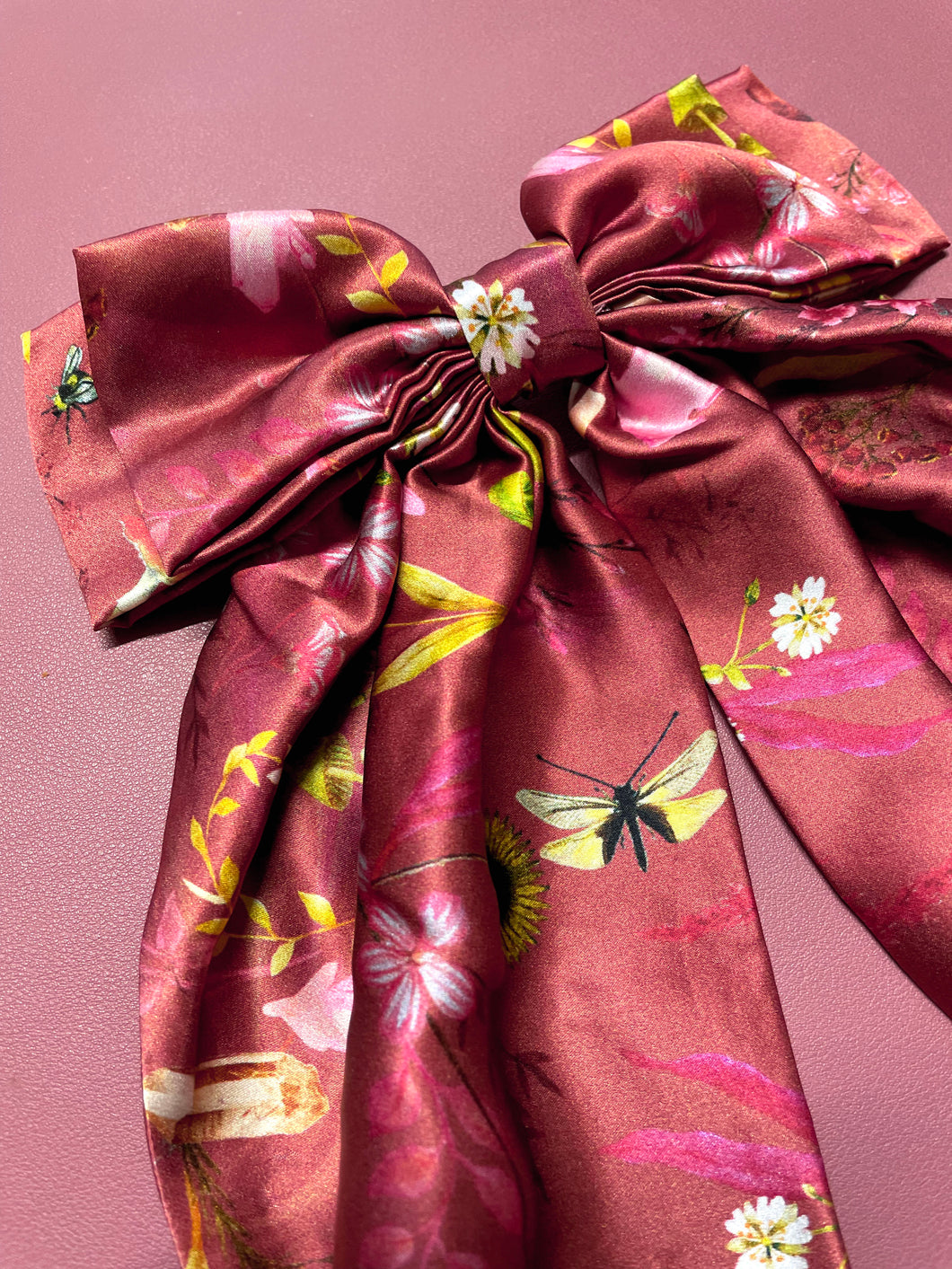 Large silk dark pink hair bow with barrette clip in print 'Cherish