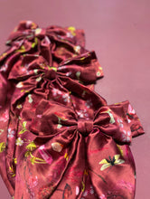 Load image into Gallery viewer, Large silk dark pink hair bow with barrette clip in print &#39;Cherish&#39;