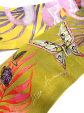 Load image into Gallery viewer, Golden Yellow &#39;Skinny&#39; Silk scarf in the botanical  &#39;Enticement&#39; Print, delicate, lightweight scarf accessory