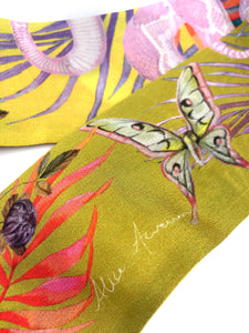Golden Yellow 'Skinny' Silk scarf in the botanical  'Enticement' Print, delicate, lightweight scarf accessory