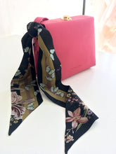 Load image into Gallery viewer, Dark Grey &#39;Skinny Silk&#39; scarf in the botanical  &#39;Cardiac&#39; Print, delicate, lightweight Twilly style scarf accessory