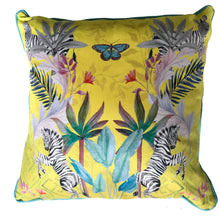 Load image into Gallery viewer, Vibrant citrus yellow watercolour art Cushion &#39;Stallion&#39; double sided Zebra design, made from Vegan friendly Suede