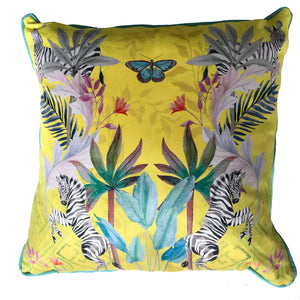 Vibrant citrus yellow watercolour art Cushion 'Stallion' double sided Zebra design, made from Vegan friendly Suede